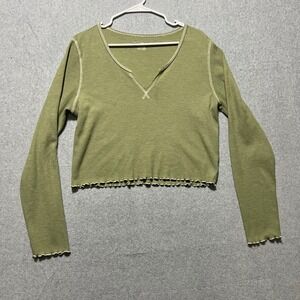 American Eagle y2k Olive Green Waffle Knit Lettuce hem long sleeve Top XL